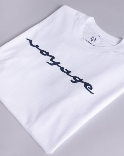 Voyage Script Tee White, close-up detail