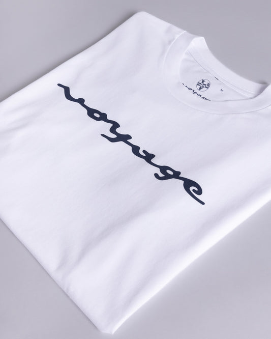 Voyage Script Tee White, close-up detail