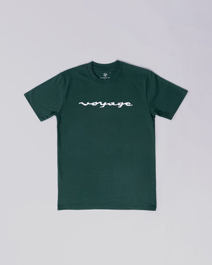 Voyage Script Tee Emerald, front, laid flat