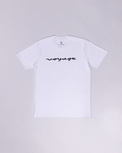 Voyage Script Tee White, front, laid flat